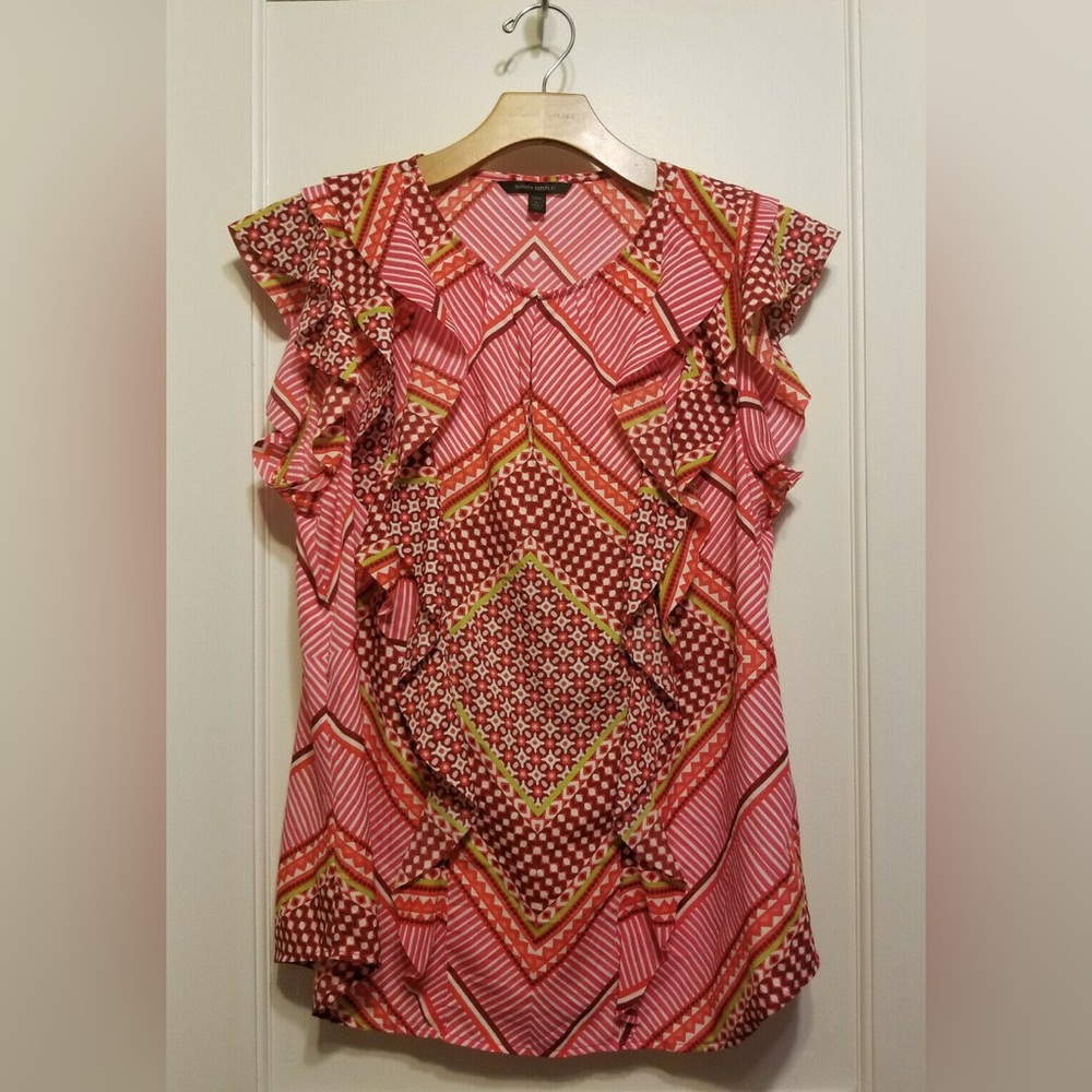 Banana Republic Pink and Red Geometric Short Sleeve Ruffle Blouse